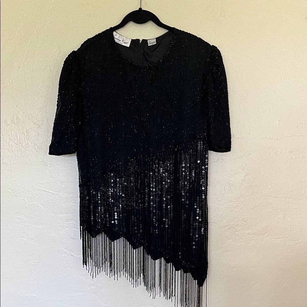 Lawrence Kazar beaded sequin black top VTG short sleeve round neck fringe 1X